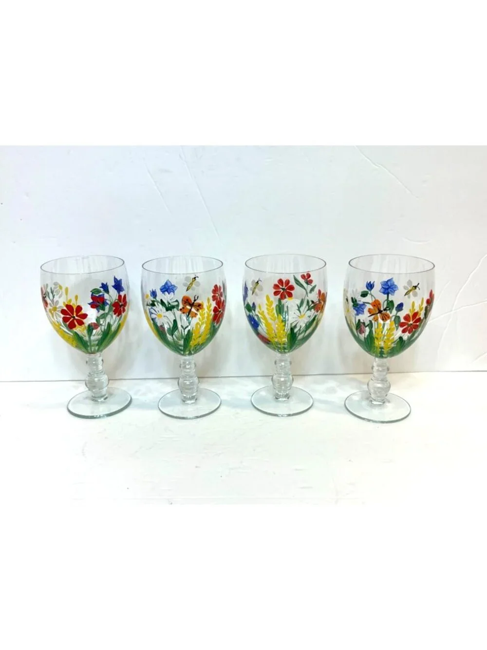 Vintage Floral Royal Danube Water Goblets Romania Set Of 4 Hand-Painted Glasses